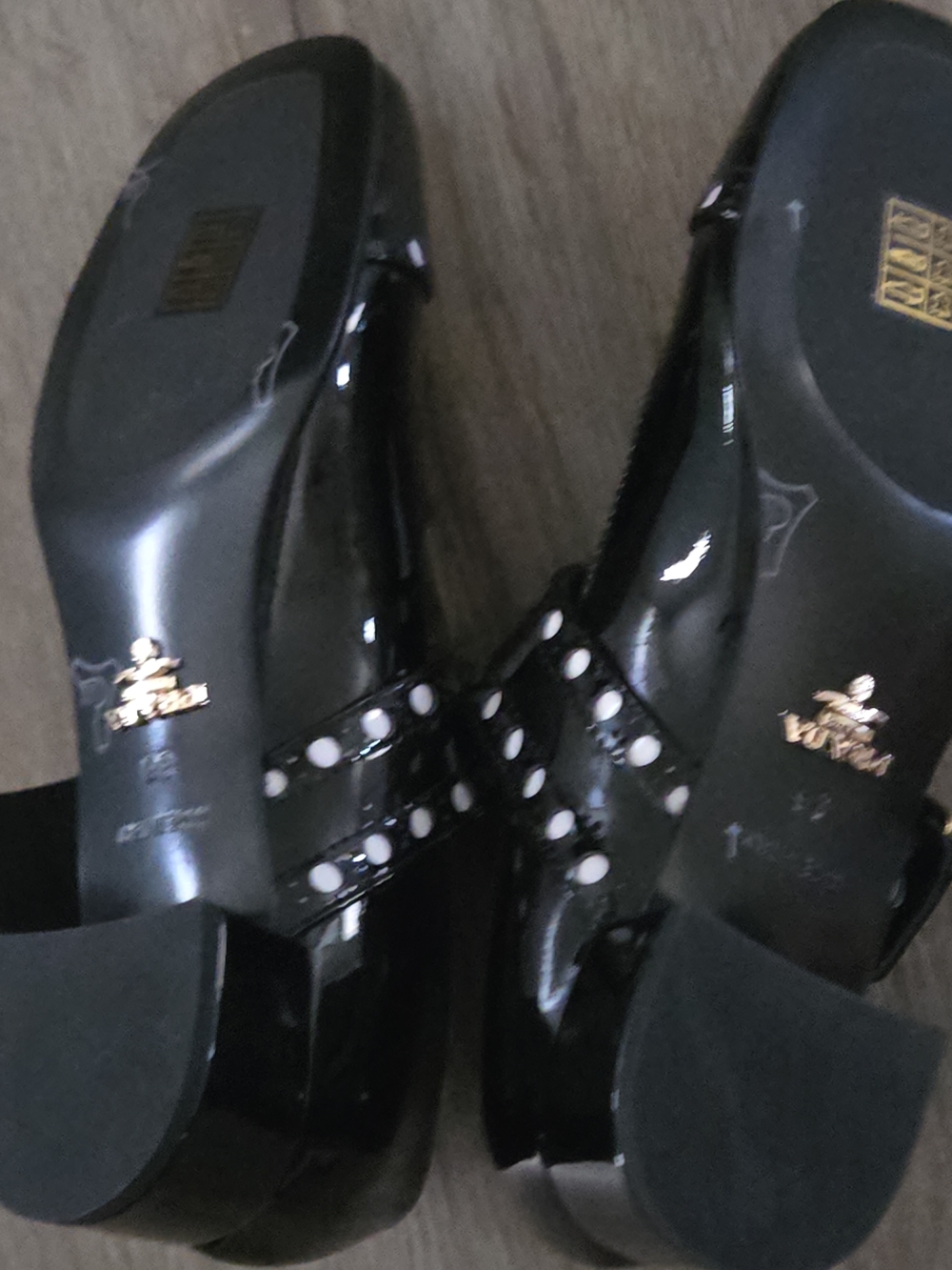 Prada Black Patent Mary Jane Shoes with White Stud Accents - Picture 4 of 6
